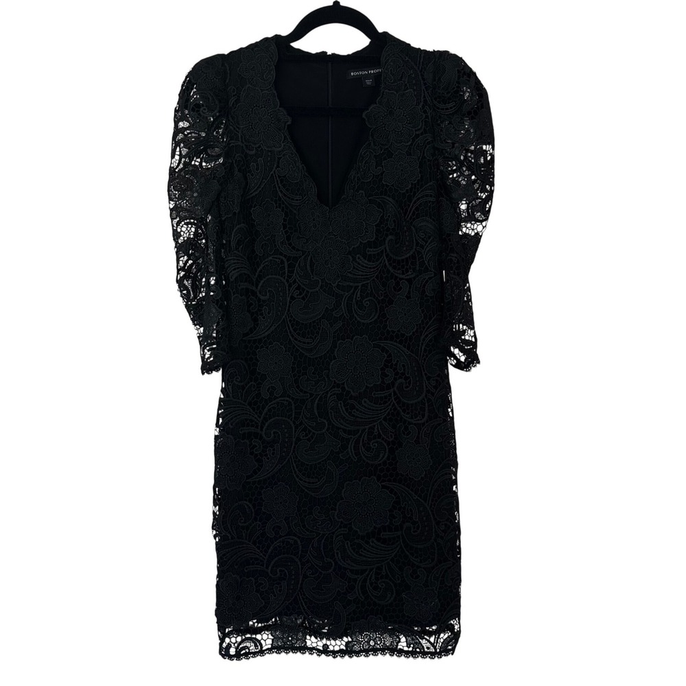 Boston Proper Black Lace Cocktail Dress Size 0 LBD Puff Sleeve Event Formal NWT